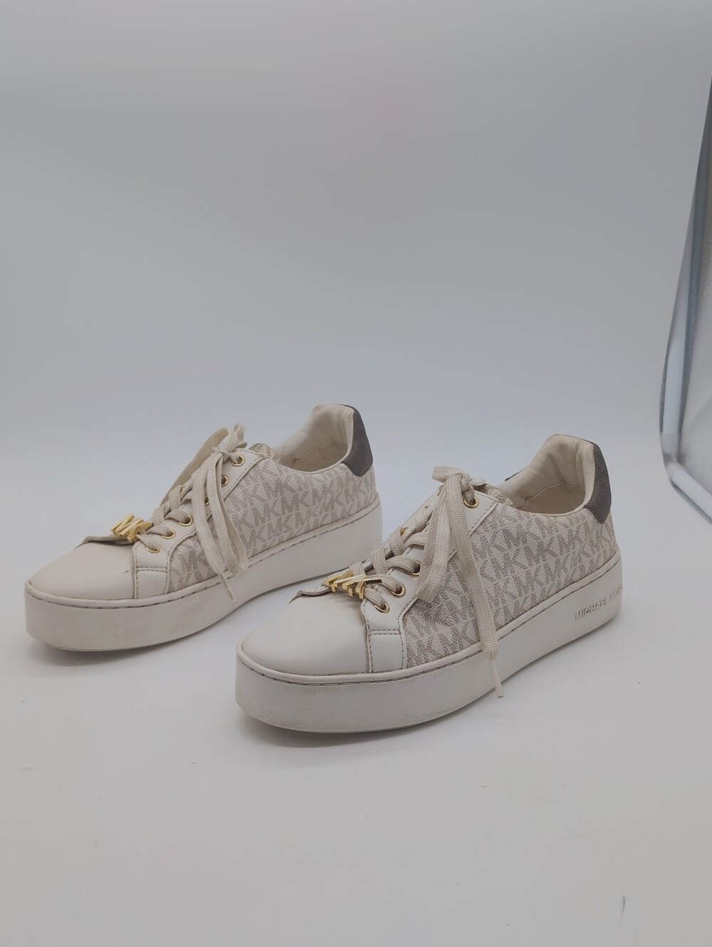 Michael Kors Vanilla Signature Logo Platform Sneakers Gold MK Sz 8.5